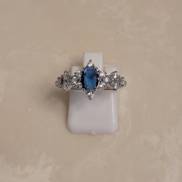 Silver CZ and Sapphire Marquis Ring Size 8 - Picture 5 of 8